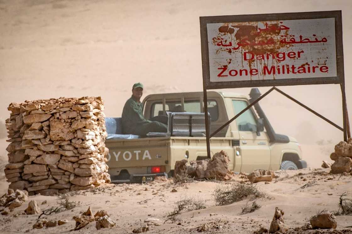 A Moroccan military vehicle on November 25, 2020, in Guerguerat, Western Sahara, just across the border from Mauritania