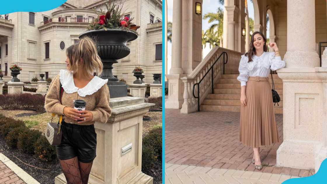 Two women in different types of collared tops. Two women in different types of collared tops.