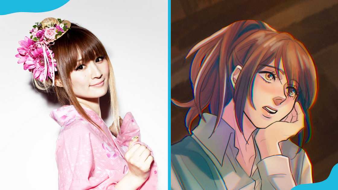 Yû Kobayashi poses in a pink outfit (L) and her voice character Sasha Braus (R). Yû Kobayashi poses in a pink outfit (L) and her voice character Sasha Braus (R).