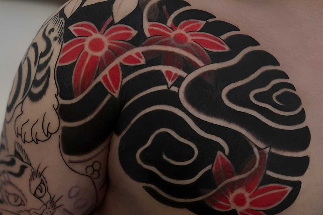 Red maple leaves chest tattoo Red maple leaves chest tattoo