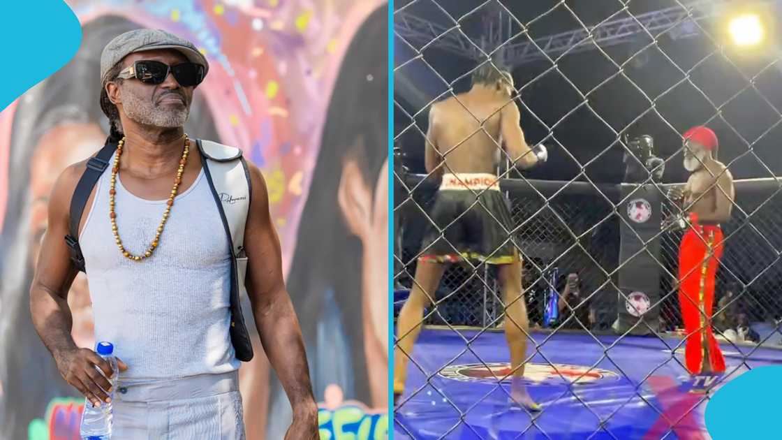 61-year-old, Reggie Rockstone, Hiplife Grandpapa, mixed martial arts, Bukom Boxing Arena, MMA, exhibition fight, William Addo. 61-year-old, Reggie Rockstone, Hiplife Grandpapa, mixed martial arts, Bukom Boxing Arena, MMA, exhibition fight, William Addo.