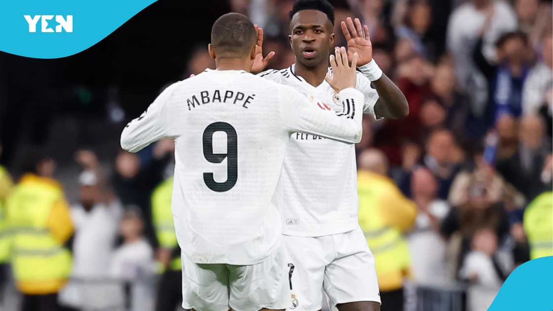 Vinicius and Mbappe of Real Madrid in action during the La Liga match between Real Madrid CF and Valencia CF at Estadio Santiago Bernabeu on April 05, 2025 in Madrid, Spain Vinicius and Mbappe of Real Madrid in action during the La Liga match between Real Madrid CF and Valencia CF at Estadio Santiago Bernabeu on April 05, 2025 in Madrid, Spain
