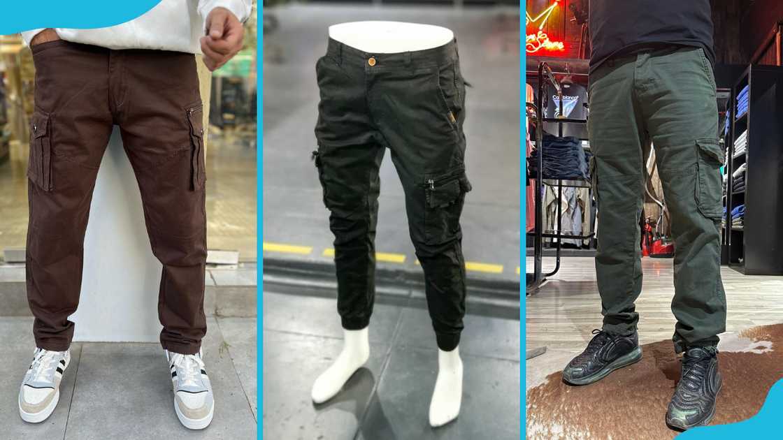 Cargo pants in brown (L), dark green (C) and jungle green (R). Cargo pants in brown (L), dark green (C) and jungle green (R).