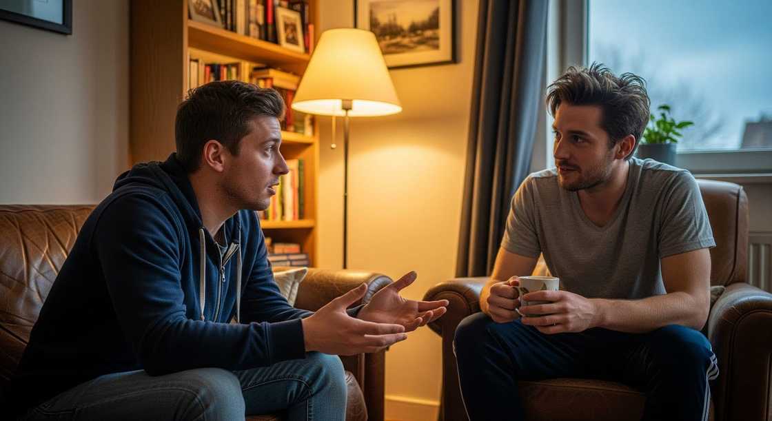 Two people talking in a warm living room. Two people talking in a warm living room.
