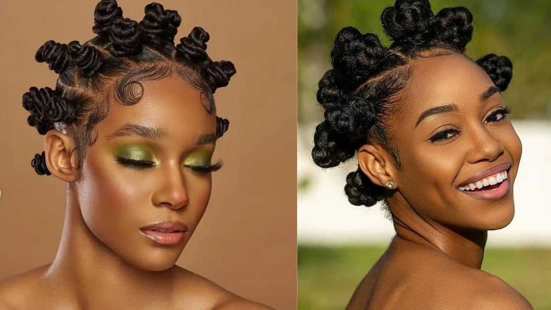 A woman in Kinky Bantu knots A woman in Kinky Bantu knots