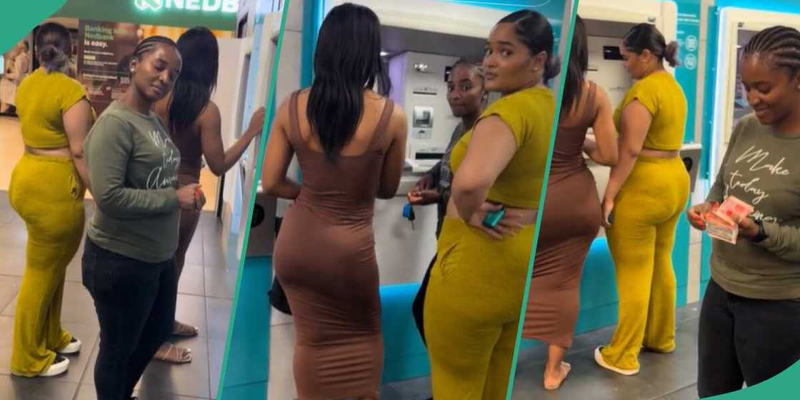 Withdrawing at an ATM/Ladies and a man. Withdrawing at an ATM/Ladies and a man.