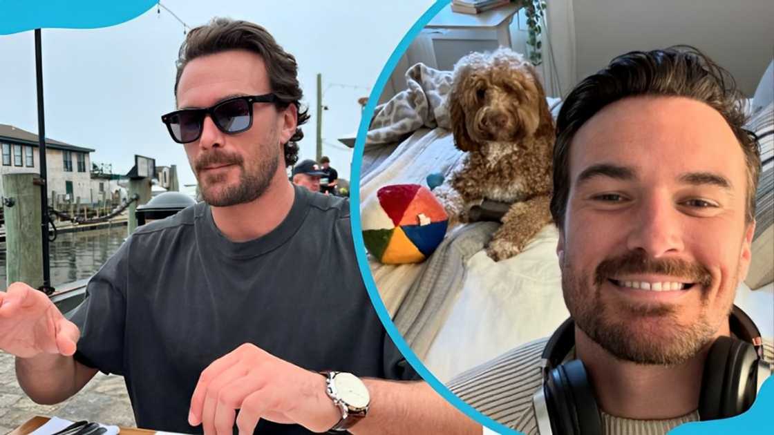 Adam Woolard in a black tee (L) and posing with a puppy Adam Woolard in a black tee (L) and posing with a puppy