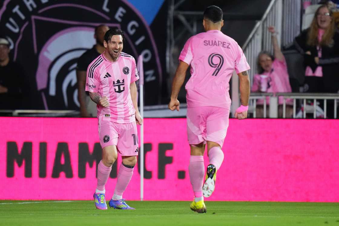 Lionel Messi celebrates with Luis Suárez of Inter Miami CF after scoring a goal against the Philadelphia Union during the second half at Chase Stadium on March 29, 2025 in Fort Lauderdale, Florida Lionel Messi celebrates with Luis Suárez of Inter Miami CF after scoring a goal against the Philadelphia Union during the second half at Chase Stadium on March 29, 2025 in Fort Lauderdale, Florida