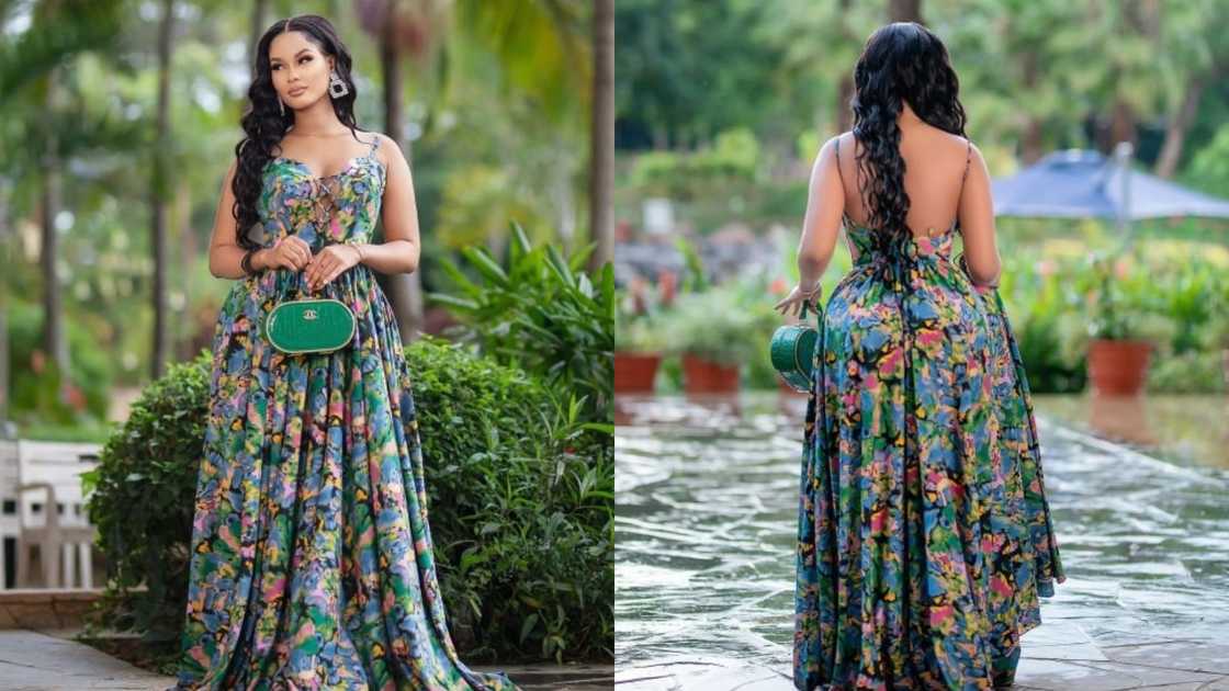 A woman wearing a bare-back maxi Ankara dress A woman wearing a bare-back maxi Ankara dress