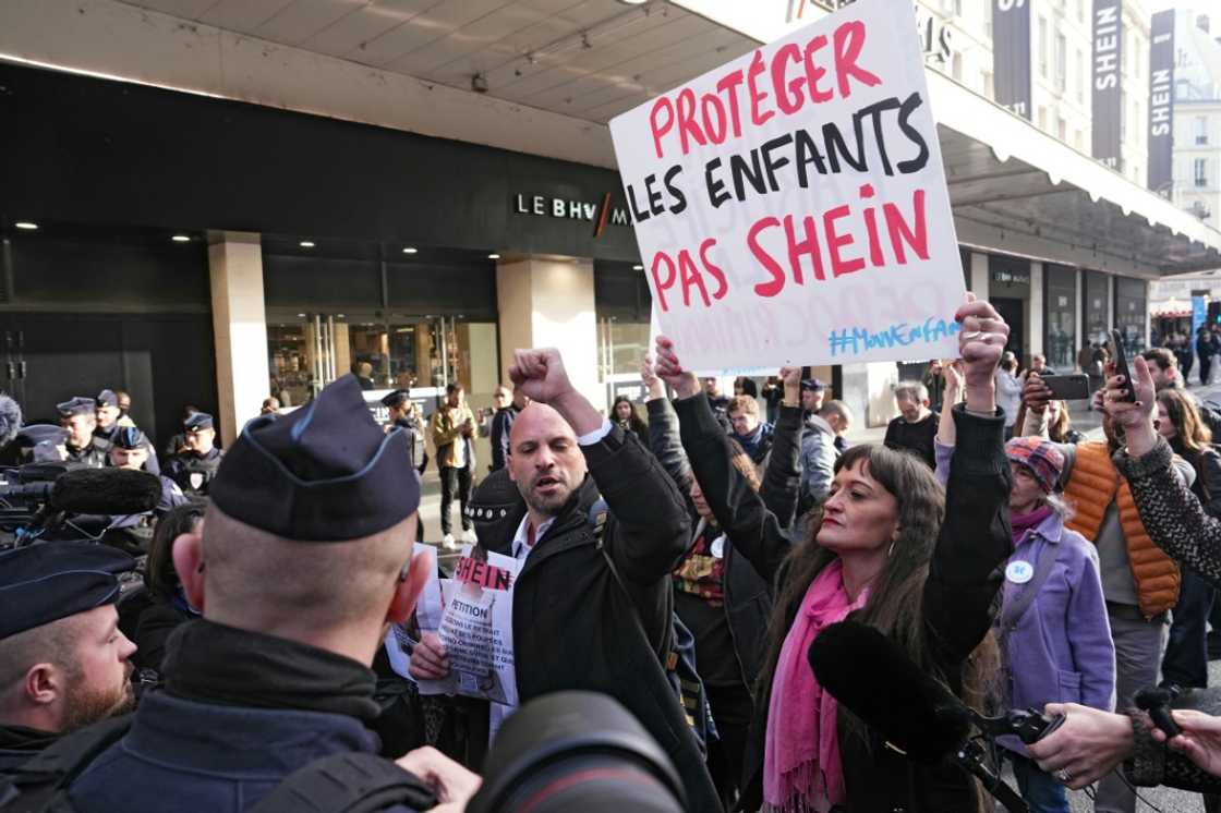 Activists fighting against all forms of violence against children stage a protest in Paris on the opening day of Shein's first physical store in the world Activists fighting against all forms of violence against children stage a protest in Paris on the opening day of Shein's first physical store in the world