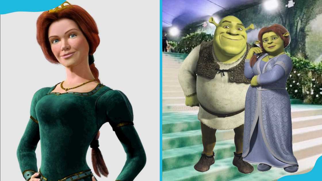 Princess Fiona in a tiara (L) and posing for a pic with Shrek (R)