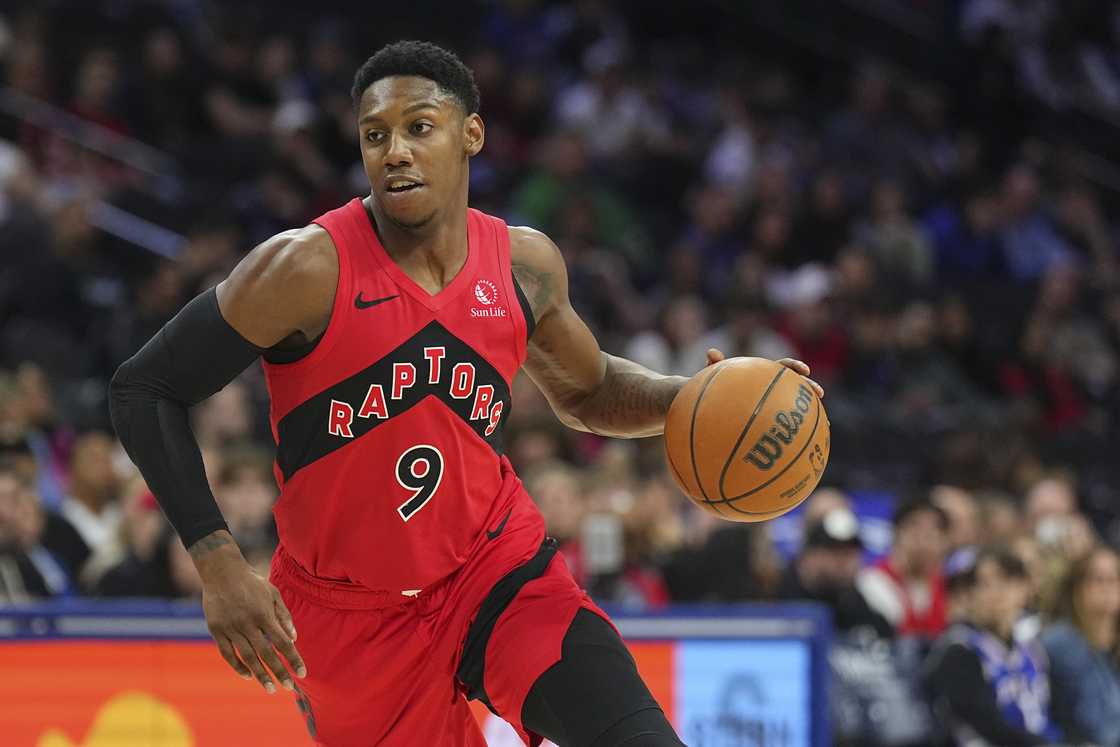 RJ Barrett dribbles the ball against the Philadelphia 76ers RJ Barrett dribbles the ball against the Philadelphia 76ers