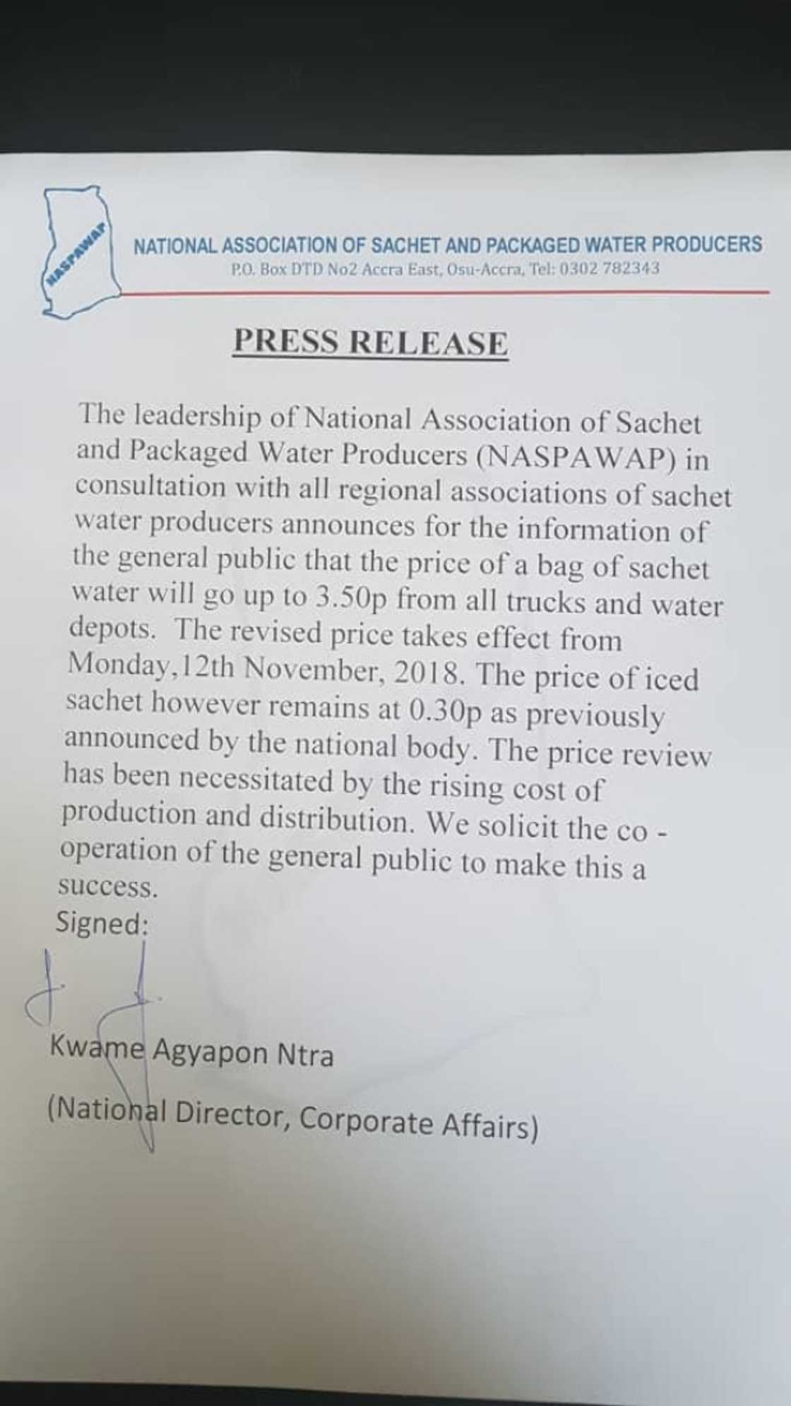 Sachet water price up 50 percent