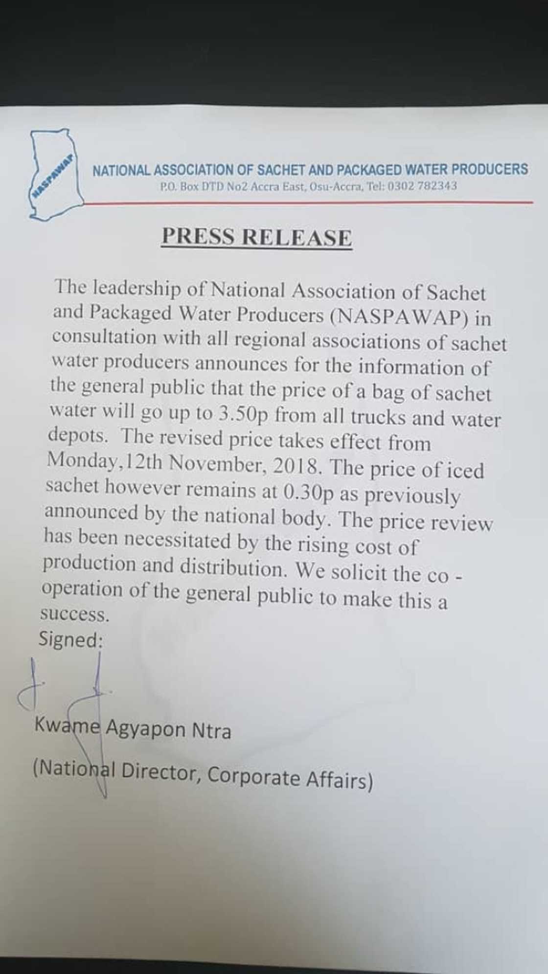 Sachet water price up 50 percent Sachet water price up 50 percent