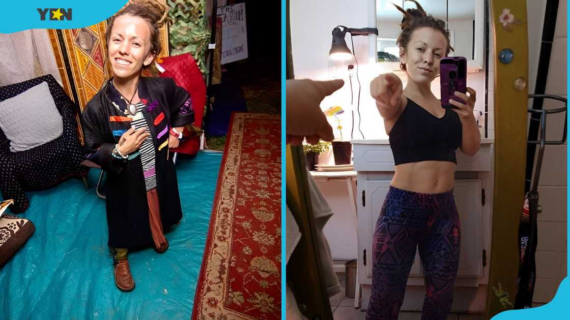 Amanda Loy is in a room adorned with different colours (L). She points to the mirror (R) Amanda Loy is in a room adorned with different colours (L). She points to the mirror (R)