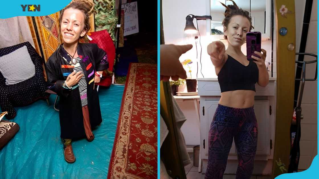 Amanda Loy is in a room adorned with different colours (L). She points to the mirror (R)