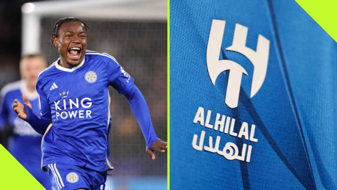 Fatawu Issahaku celebrates after scoring in a game for Leicester City in the English Championship, with Al-Hilal reportedly interested.