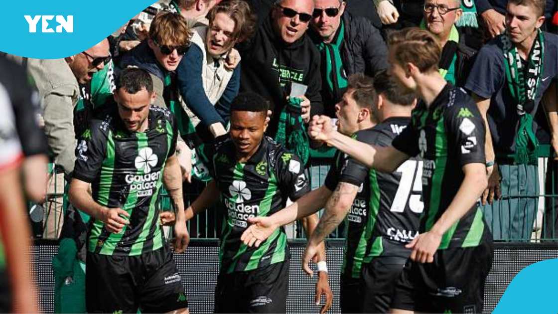 Lawrence Agyekum celebrates with teammates at Cercle Brugge. Lawrence Agyekum celebrates with teammates at Cercle Brugge.