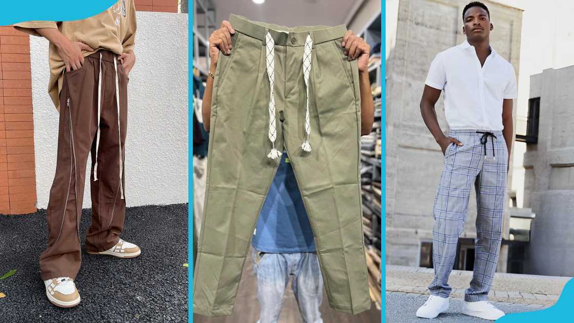 Different variatons of the drawstring trousers: bondage (L), green (C) and checkered gray (R). Different variatons of the drawstring trousers: bondage (L), green (C) and checkered gray (R).