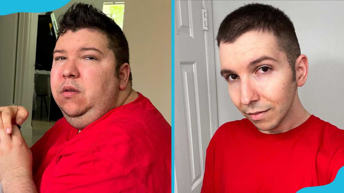 A side-by-side comparison of Nikocado Avocado heavier (L) and slimmer (R). A side-by-side comparison of Nikocado Avocado heavier (L) and slimmer (R).