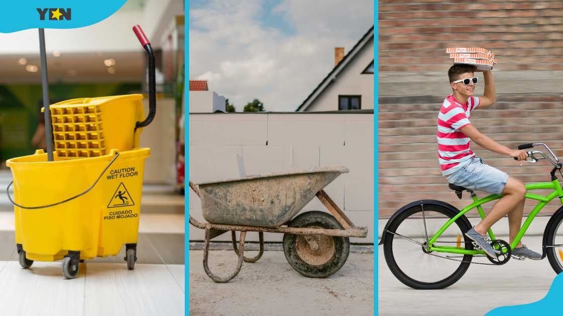 A yellow mopping cart at a shopping mall (L), a wheelbarrow on a construction site and a teenage boy riding a bicycle (R) A yellow mopping cart at a shopping mall (L), a wheelbarrow on a construction site and a teenage boy riding a bicycle (R)