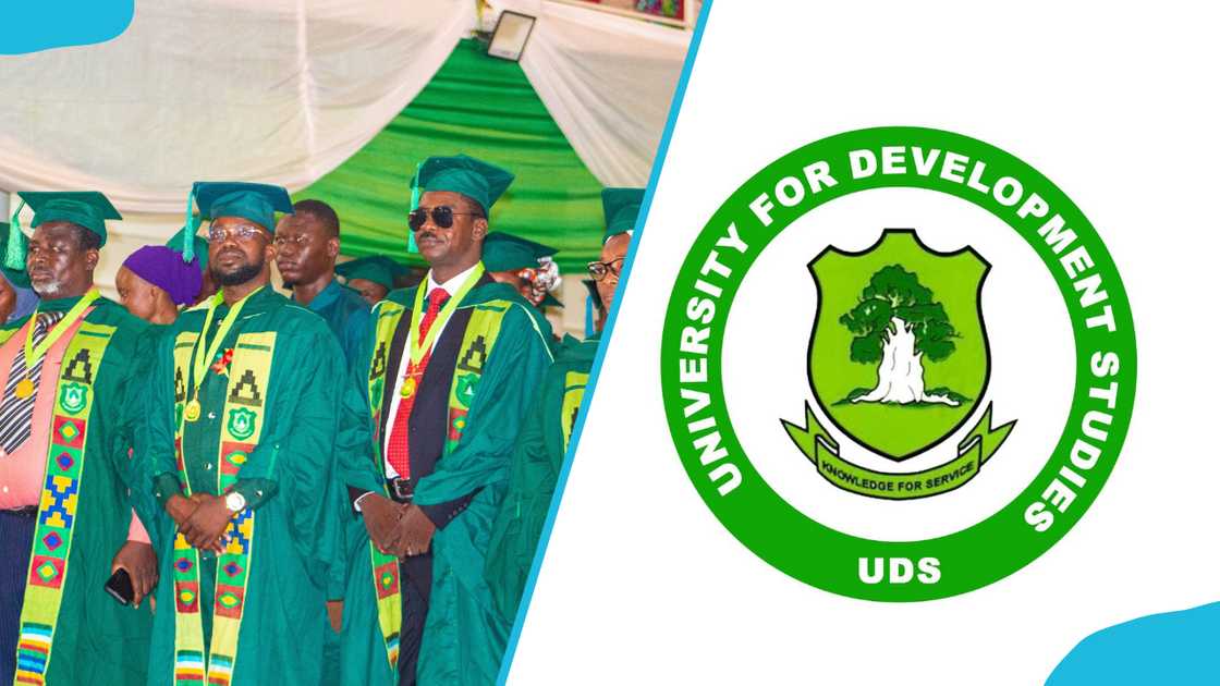 UDS graduates pose during graduation (L) and the UDS school logo (R). UDS graduates pose during graduation (L) and the UDS school logo (R).