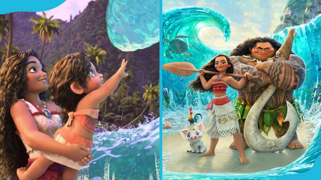 Moana and Simea try to touch the Ocean's water (L), Maui, Heihei, Moana, Pua and the Ocean (R). Moana and Simea try to touch the Ocean's water (L), Maui, Heihei, Moana, Pua and the Ocean (R).