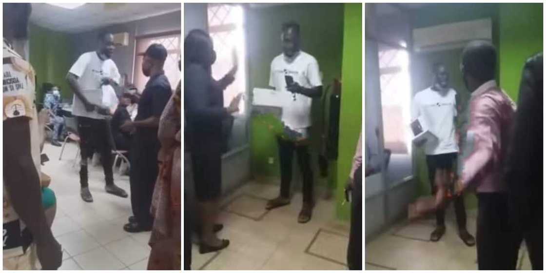 Viral video shows moment man seized bank property, shouts at female banker over unauthorized debit to his account Viral video shows moment man seized bank property, shouts at female banker over unauthorized debit to his account