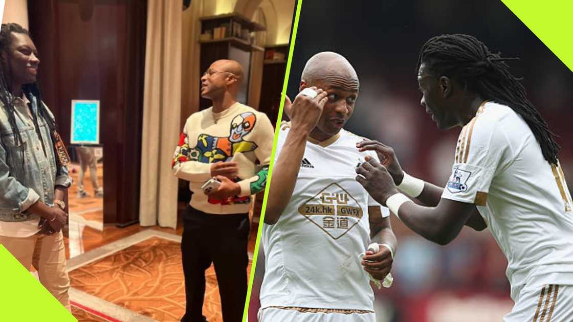 Andre Ayew congratulates Bafetimbi Gomis on retirement.