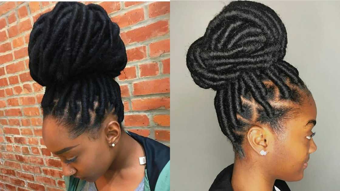 A young lady showcasing her faux locs tied in a single bun A young lady showcasing her faux locs tied in a single bun