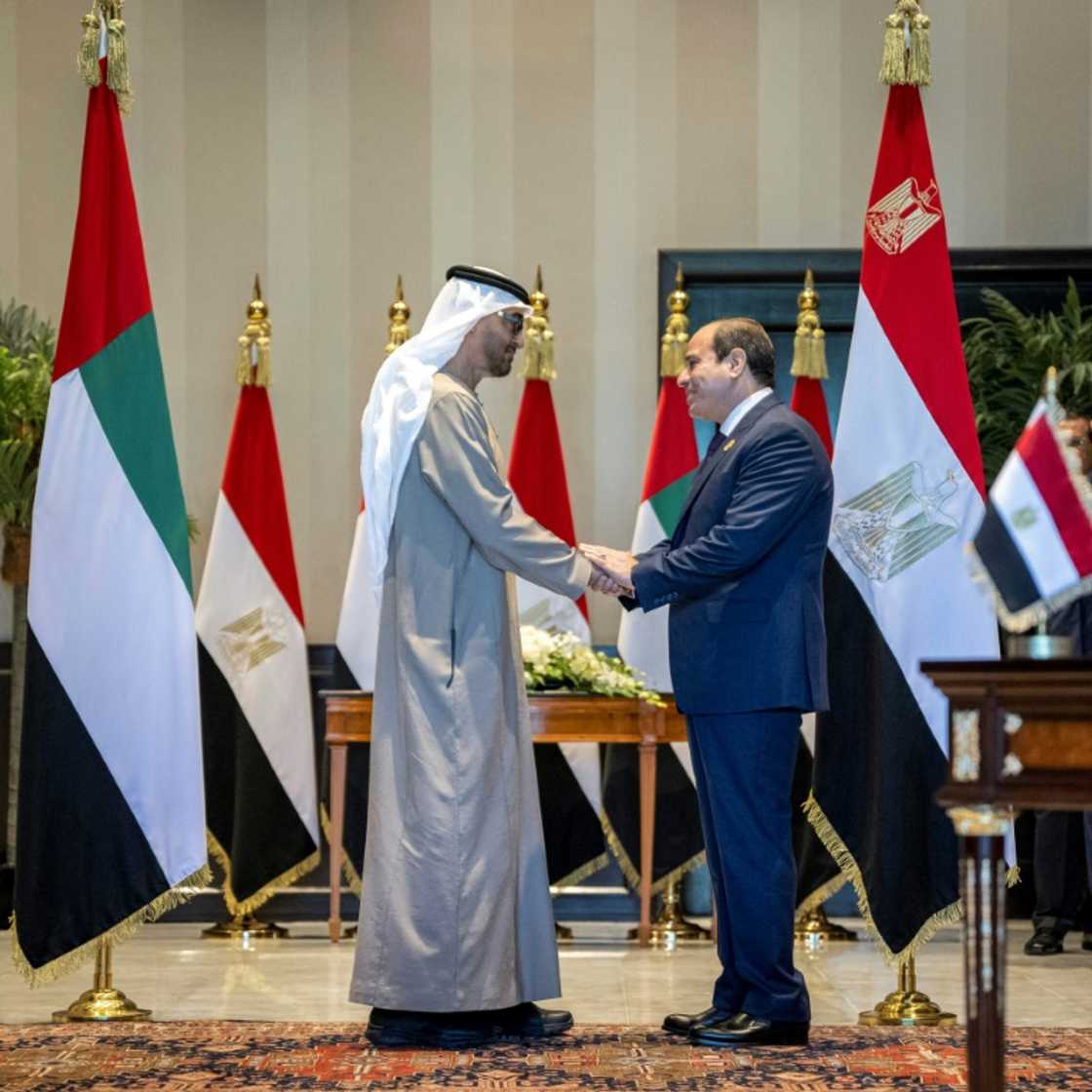 UAE President Sheikh Mohamed bin Zayed al-Nahyan, on the left, and Egypt's President Abdel Fattah el-Sisi shake hands after a ceremony to sign a memorandum of understanding to build a 10-gigawatt onshore wind project in Egypt UAE President Sheikh Mohamed bin Zayed al-Nahyan, on the left, and Egypt's President Abdel Fattah el-Sisi shake hands after a ceremony to sign a memorandum of understanding to build a 10-gigawatt onshore wind project in Egypt