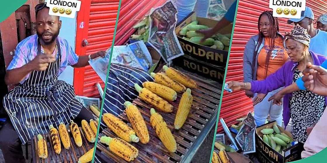 Nigerians rush man selling roasted corn in UK Nigerians rush man selling roasted corn in UK
