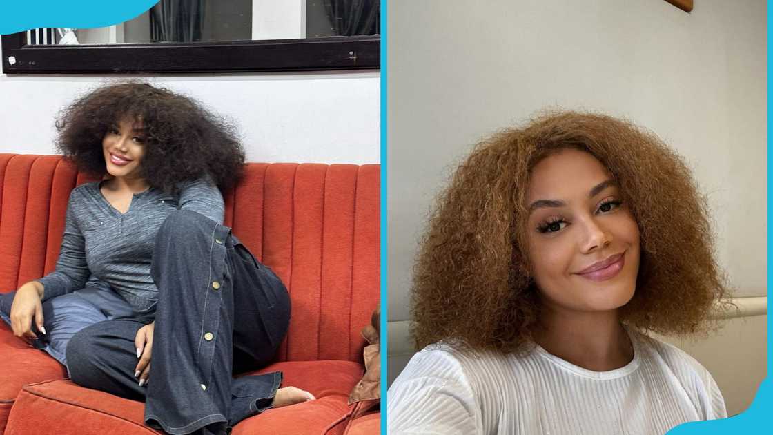 Nadia Buari sitting on a couch and in a white shirt Nadia Buari sitting on a couch and in a white shirt