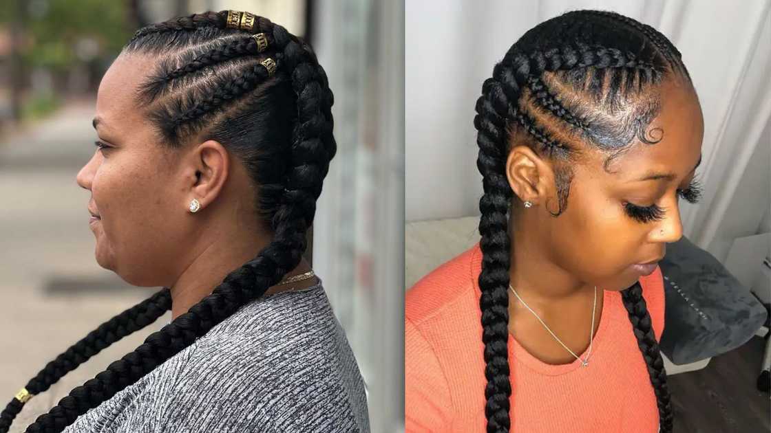 Two big cornrows and small cornrows on the sides