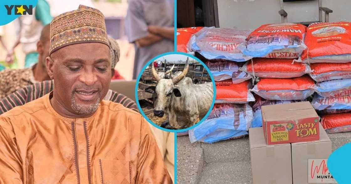 Muntaka Mohammed-Mubarak, MP for Asawase, Interior Minister, donated 13 cows, alongside rice, cooking oil, other items, 13 constituencies, Ashanti Region, 2026 Eid al-Adha celebrations.