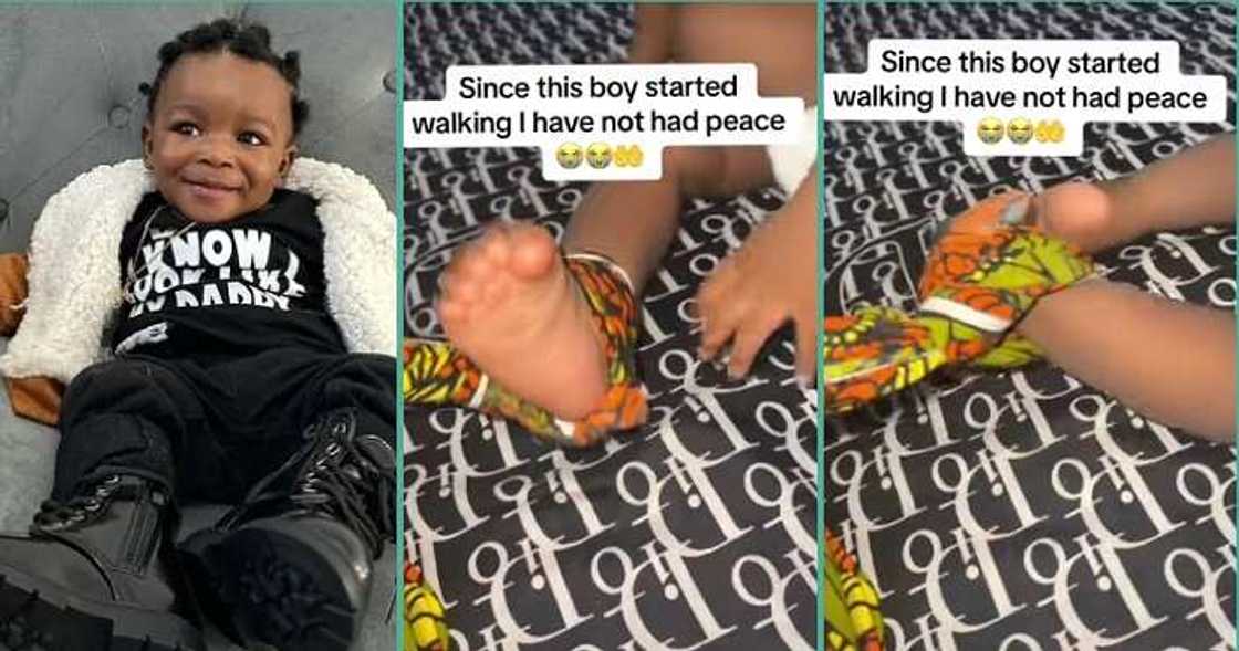 Video as mum ties baby's leg with wrapper to stop him from moving Video as mum ties baby's leg with wrapper to stop him from moving