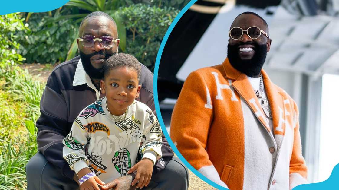 Rapper Rick Ross with his son Billion Leonard Roberts (L), and Rick Ross smiling in an orange and white coat (R).