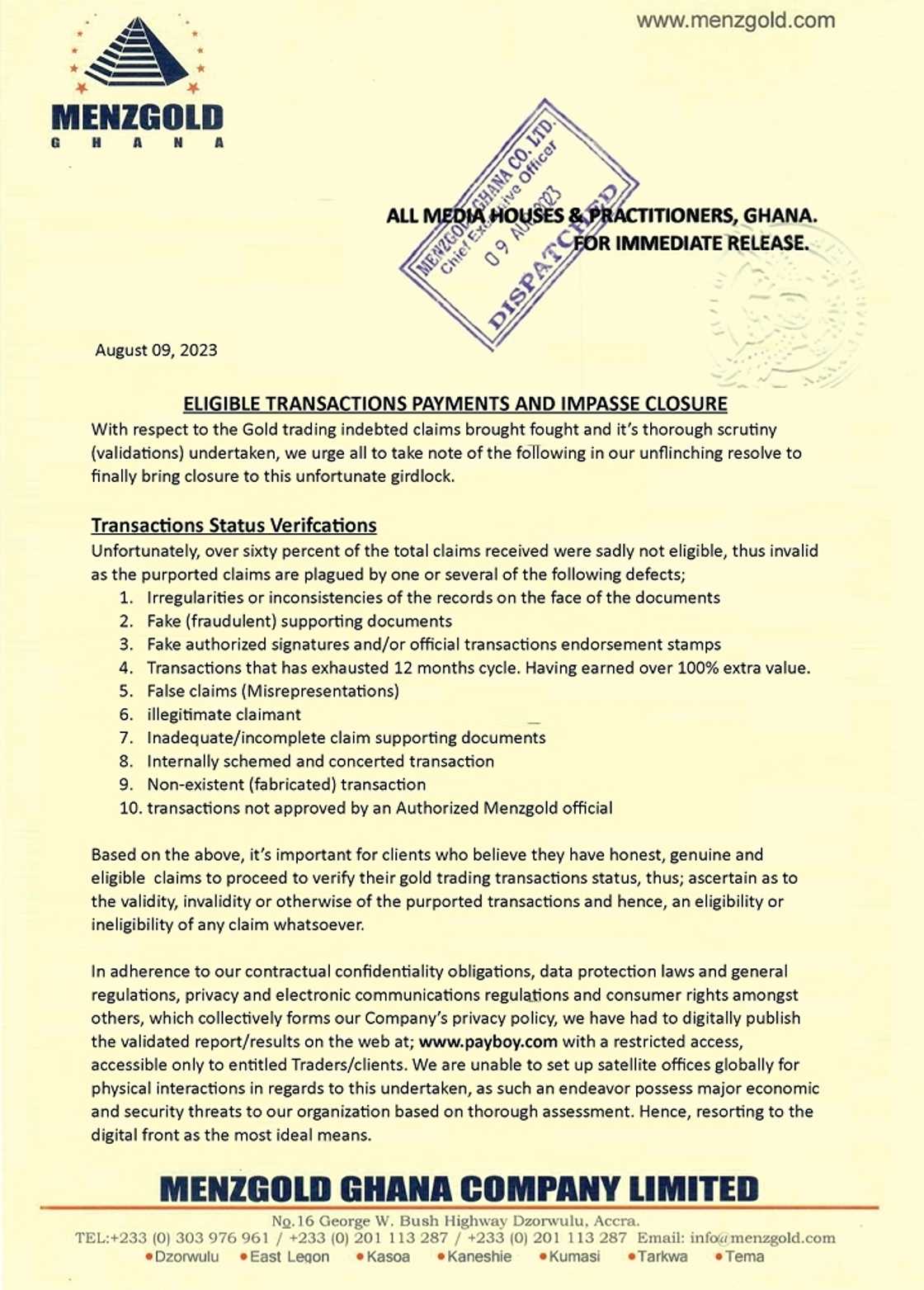 Menzgold has announced 60% of customers are ineligible for payment after validation process Menzgold has announced 60% of customers are ineligible for payment after validation process
