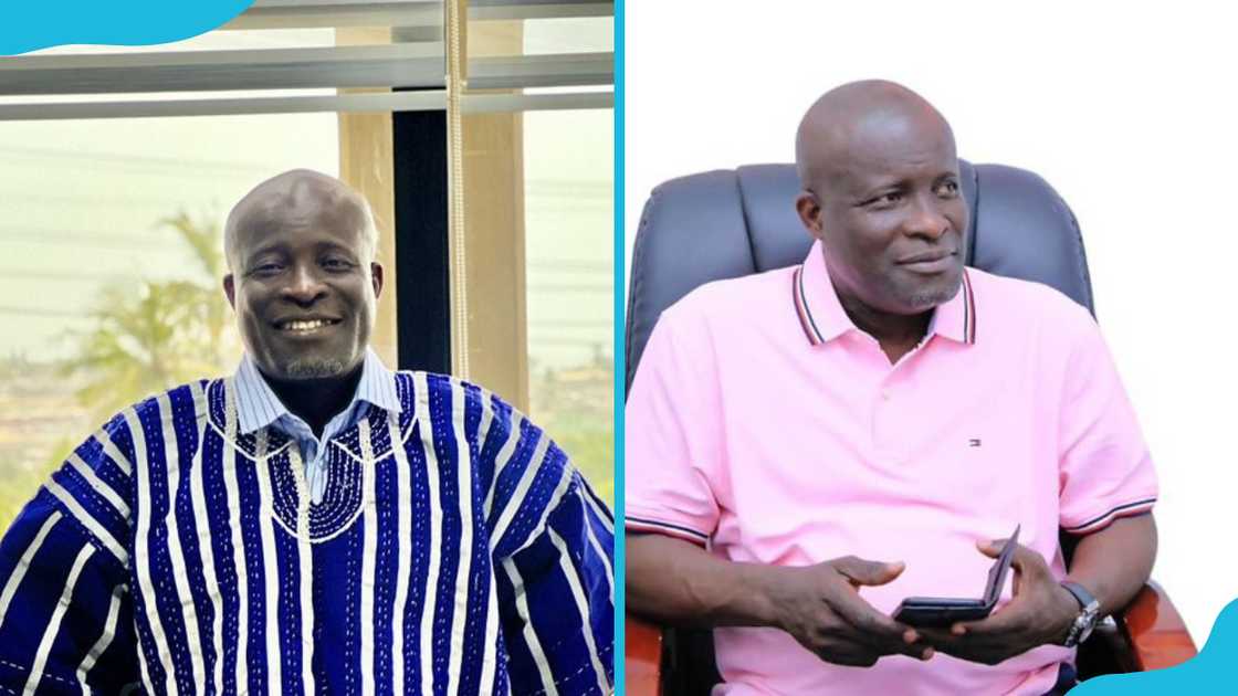 Nii Kwartei Titus Glover is posing for a photo (L). He is sitting on an office chair (R)