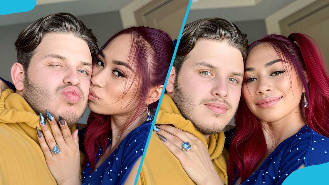 Jessica Sanchez and Rickie Gallardo pose closely indoors, showcasing a blue ring. Jessica Sanchez and Rickie Gallardo pose closely indoors, showcasing a blue ring.