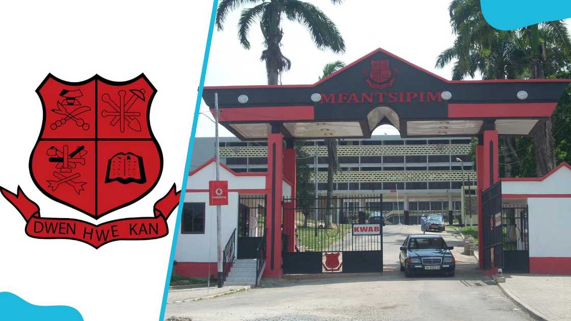 Mfantsipim School logo (L). The Mfantsipim School main gate entrance (R) Mfantsipim School logo (L). The Mfantsipim School main gate entrance (R)