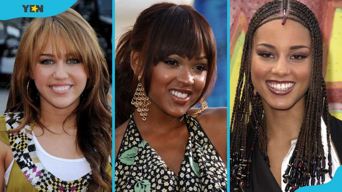 Miley Cyrus in shaggy bangs (L), Meagan Good in side swept bangs (C) and Alicia Keys in micro braids (R).