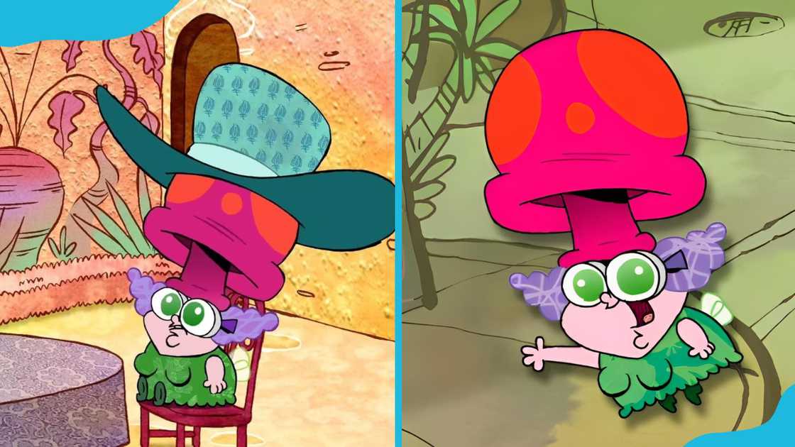 Truffles wearing a large blue hat (L) and a pink mushroom hat while shouting (R).