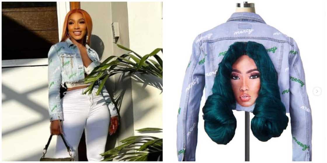 Photos of Mercy Eke and the customised jacket. Photos of Mercy Eke and the customised jacket.