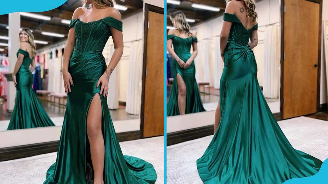 Off-shoulder green lace mermaid Off-shoulder green lace mermaid