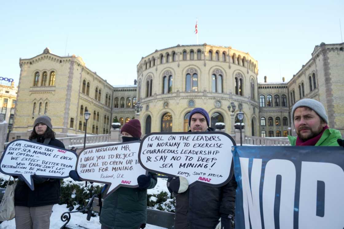 Protesters hold placards during a demonstration against seabed mining outside the Norwegian Parliament building in Oslo Protesters hold placards during a demonstration against seabed mining outside the Norwegian Parliament building in Oslo