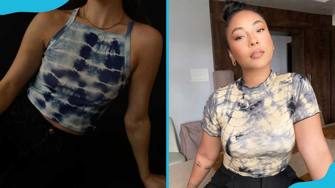 Women in different designs of tie-dye tops. Women in different designs of tie-dye tops.