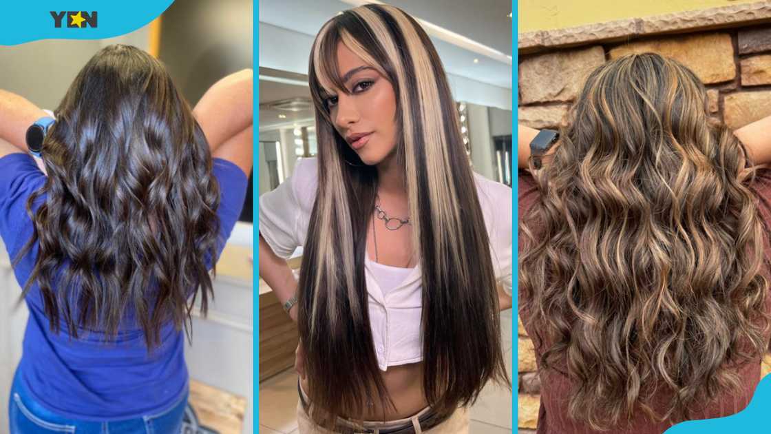 A woman hair with lowlights (L), a lady in chunky highlights (C), a woman with highlighted hair (R) A woman hair with lowlights (L), a lady in chunky highlights (C), a woman with highlighted hair (R)