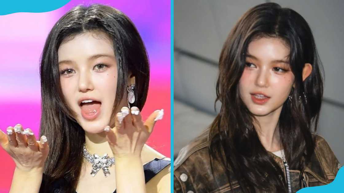 Danielle is standing against a multi-coloured background (L). She is walking along a grey wall (R) Danielle is standing against a multi-coloured background (L). She is walking along a grey wall (R)