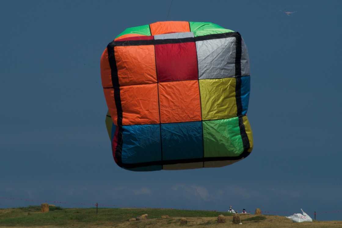 A Rubik's Cube-shaped kite at a kite festival in Hsinchu, Taiwan A Rubik's Cube-shaped kite at a kite festival in Hsinchu, Taiwan